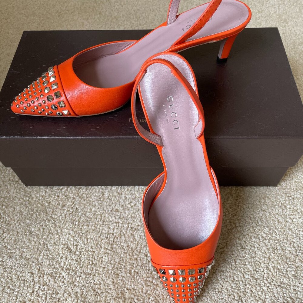 BNIB Authentic Gucci Studded Leather Slingback Pump Shoes Size 36 1/2